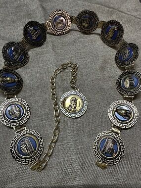 Vintage 1970’s Gold Tone Medallion Link Belt with Blue Enamel Accents